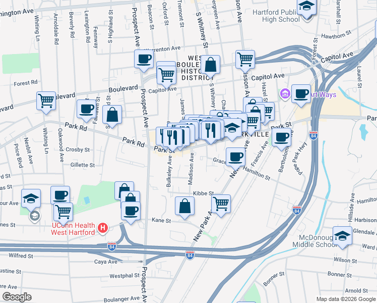 map of restaurants, bars, coffee shops, grocery stores, and more near 132 Madison Avenue in Hartford