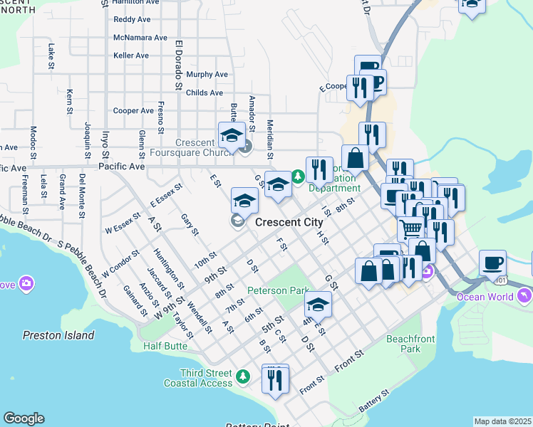 map of restaurants, bars, coffee shops, grocery stores, and more near 598 West 9th Street in Crescent City