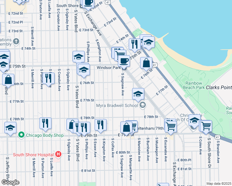 map of restaurants, bars, coffee shops, grocery stores, and more near 2608 East 77th Street in Chicago