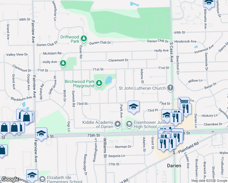 map of restaurants, bars, coffee shops, grocery stores, and more near 7225 Emerson Drive in Darien