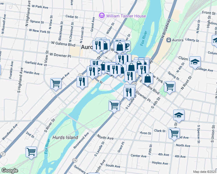 map of restaurants, bars, coffee shops, grocery stores, and more near 1 E Benton St in Aurora