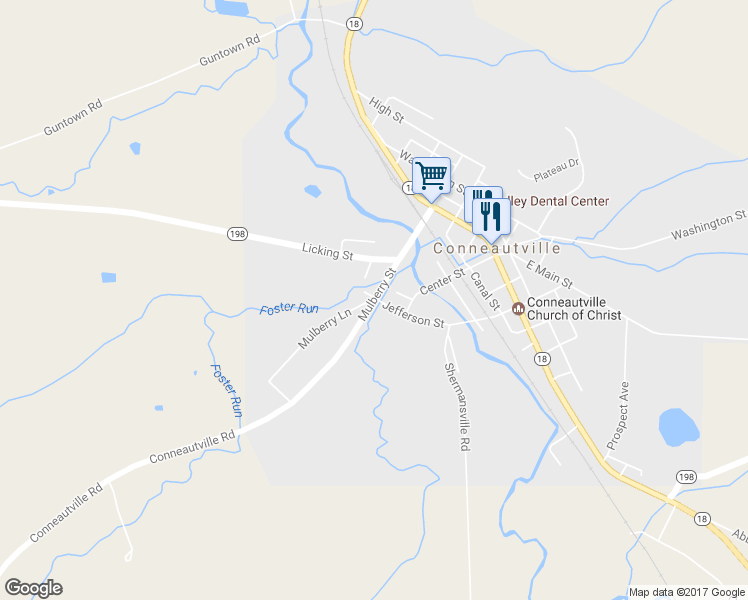 map of restaurants, bars, coffee shops, grocery stores, and more near Mulberry St in Conneautville