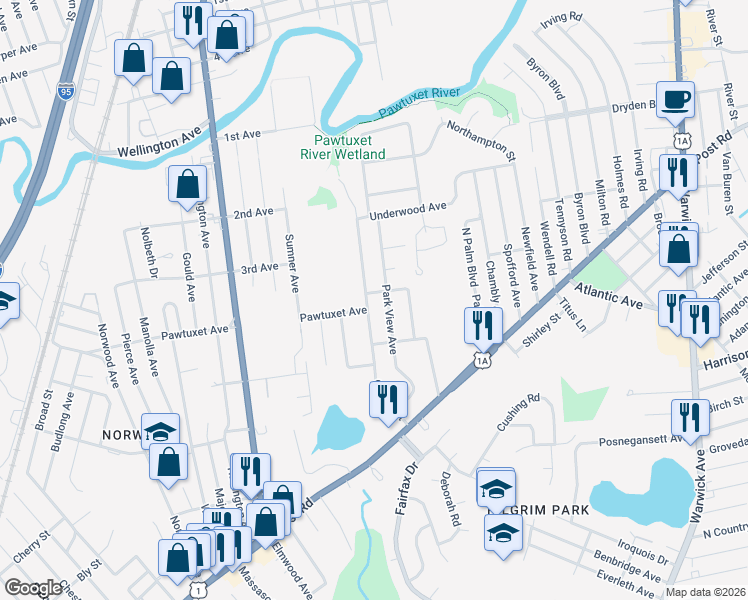 map of restaurants, bars, coffee shops, grocery stores, and more near 108 George Street in Warwick