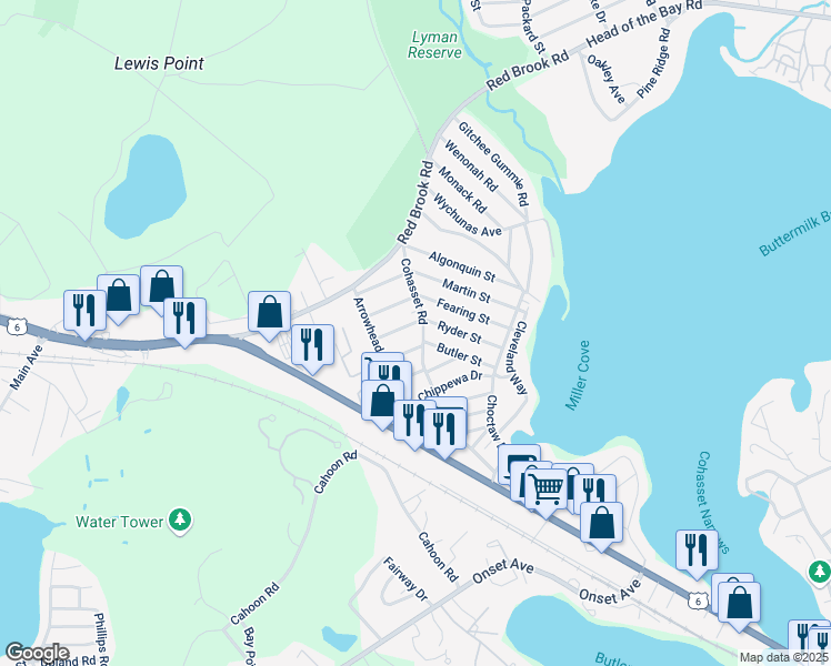 map of restaurants, bars, coffee shops, grocery stores, and more near 91 Cohasset Road in Wareham