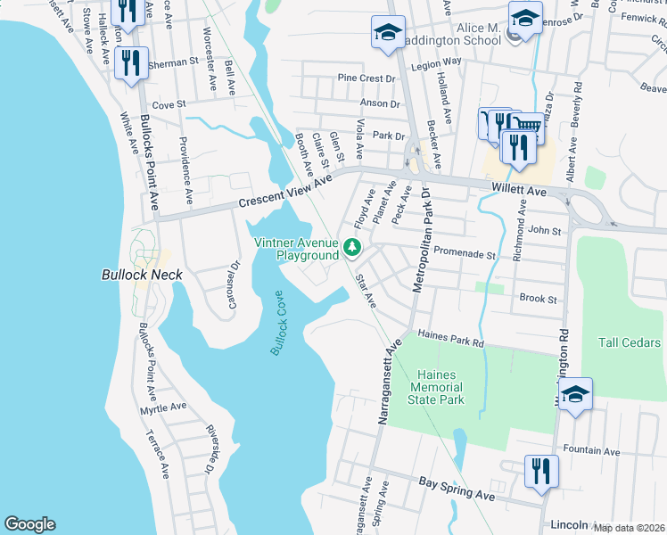 map of restaurants, bars, coffee shops, grocery stores, and more near 46 Beach Point Drive in East Providence