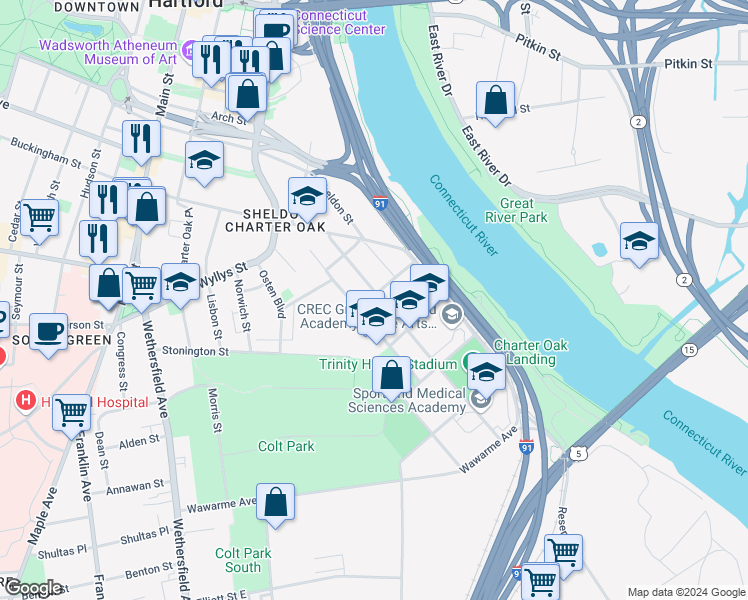 map of restaurants, bars, coffee shops, grocery stores, and more near 75 Van Block Avenue in Hartford