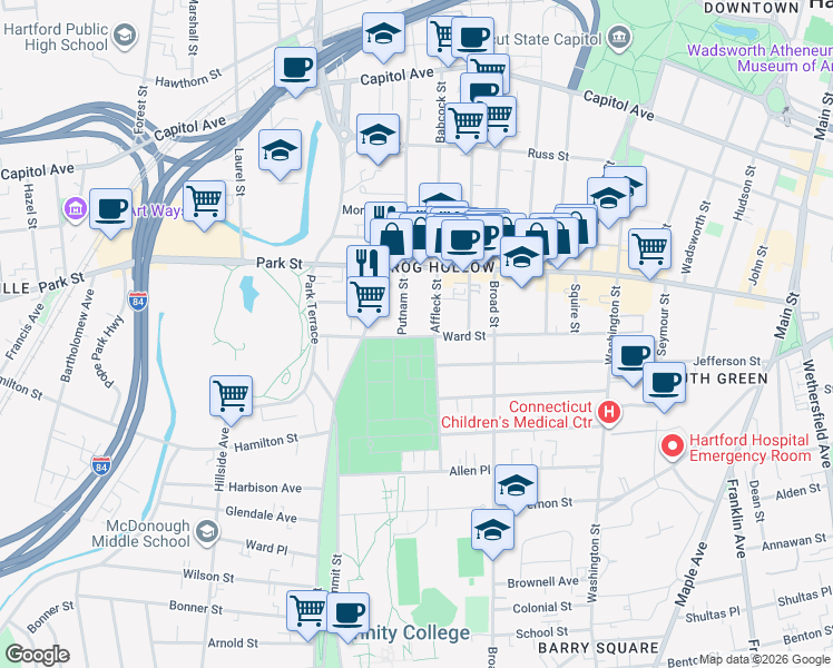 map of restaurants, bars, coffee shops, grocery stores, and more near 151 Ward Street in Hartford