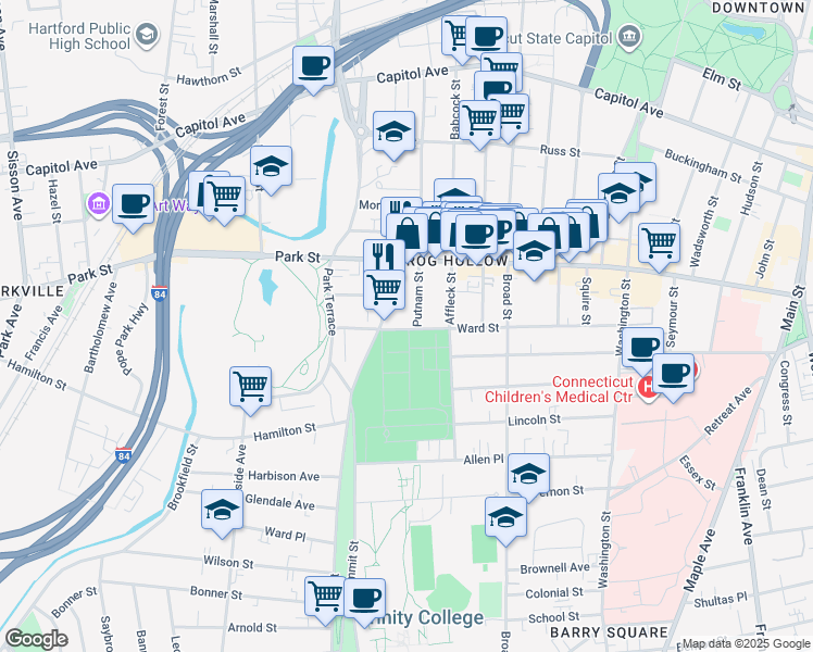 map of restaurants, bars, coffee shops, grocery stores, and more near 155 Ward Street in Hartford