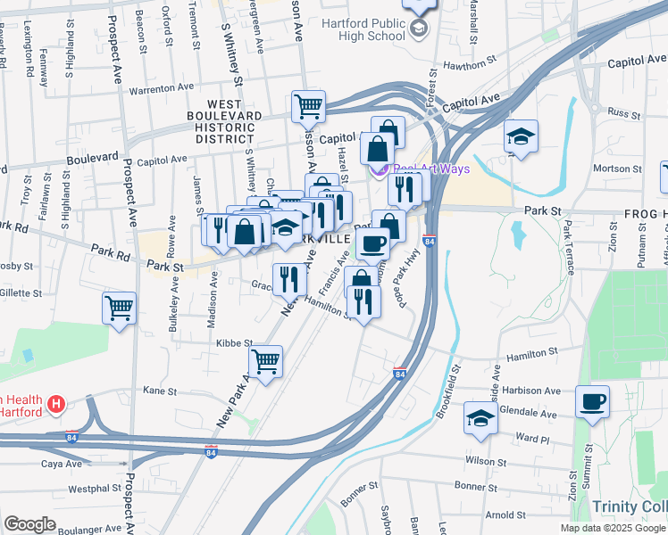 map of restaurants, bars, coffee shops, grocery stores, and more near 64 Francis Avenue in Hartford