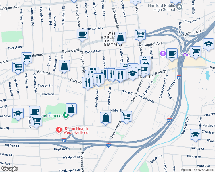 map of restaurants, bars, coffee shops, grocery stores, and more near 132 Madison Avenue in Hartford