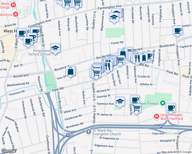 map of restaurants, bars, coffee shops, grocery stores, and more near 333 Park Road in West Hartford