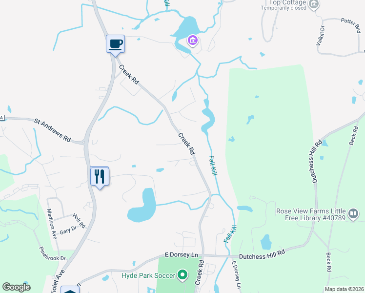 map of restaurants, bars, coffee shops, grocery stores, and more near 537 Creek Road in Poughkeepsie