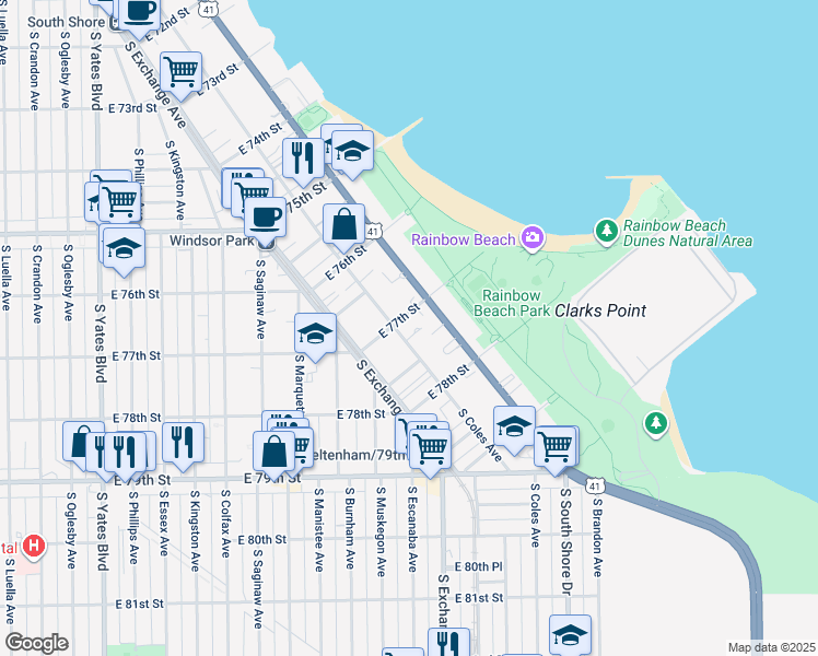 map of restaurants, bars, coffee shops, grocery stores, and more near 7739 South Coles Avenue in Chicago