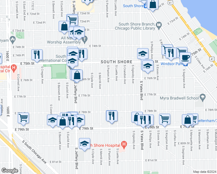 map of restaurants, bars, coffee shops, grocery stores, and more near 7654 South Paxton Avenue in Chicago