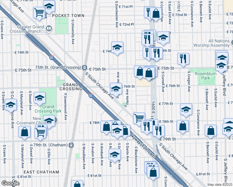 map of restaurants, bars, coffee shops, grocery stores, and more near 7665 South South Chicago Avenue in Chicago
