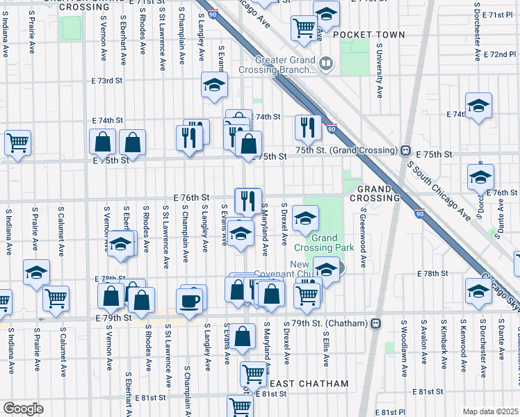 map of restaurants, bars, coffee shops, grocery stores, and more near 7638 South Maryland Avenue in Chicago