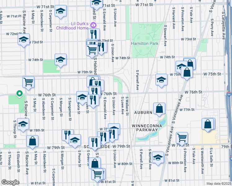 map of restaurants, bars, coffee shops, grocery stores, and more near 7620 South Union Avenue in Chicago