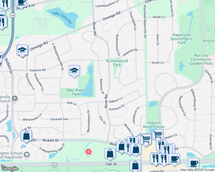 map of restaurants, bars, coffee shops, grocery stores, and more near 860 Raintree Drive in Naperville