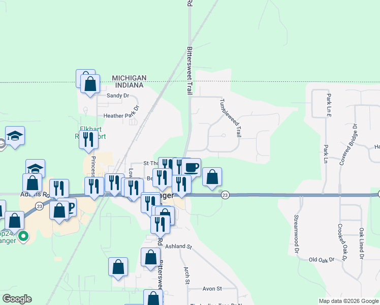map of restaurants, bars, coffee shops, grocery stores, and more near 50869-50927 Bittersweet Trail in Granger