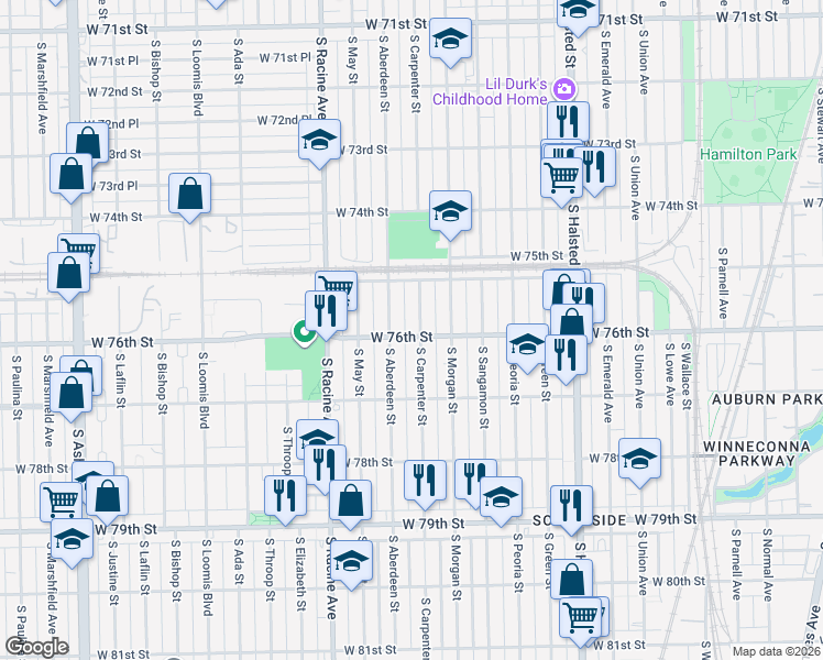 map of restaurants, bars, coffee shops, grocery stores, and more near 7615 South Aberdeen Street in Chicago