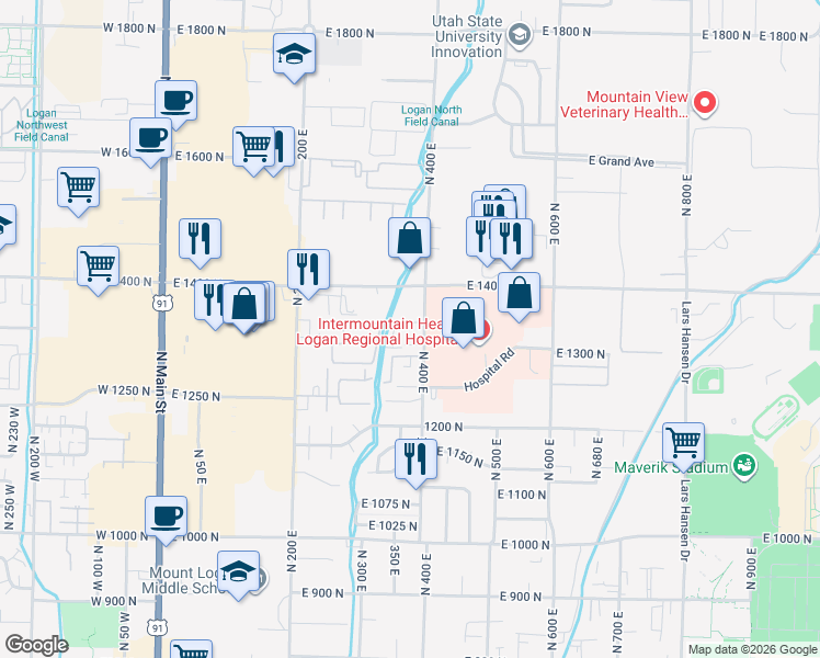 map of restaurants, bars, coffee shops, grocery stores, and more near 1365 North 400 East in Logan