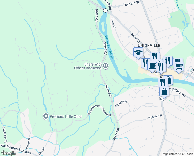 map of restaurants, bars, coffee shops, grocery stores, and more near 131 River Road in Farmington