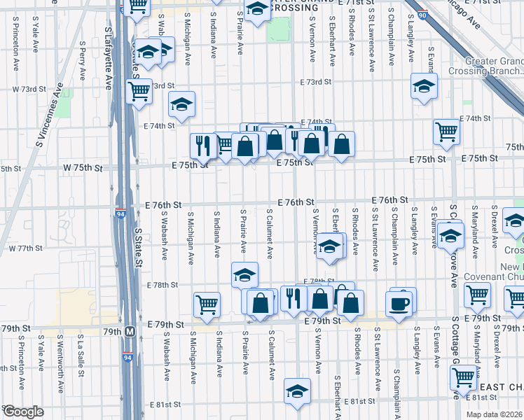 map of restaurants, bars, coffee shops, grocery stores, and more near 7637 South Calumet Avenue in Chicago