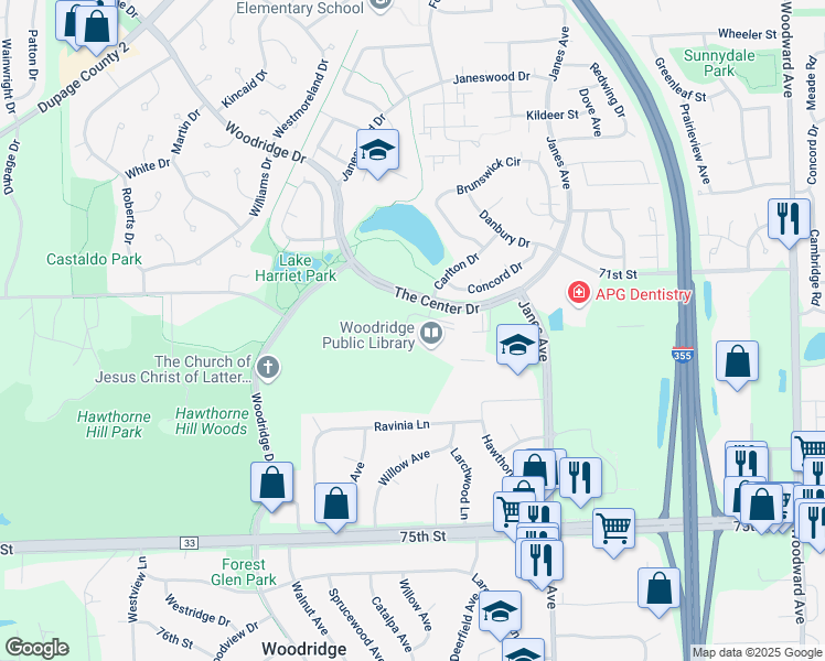 map of restaurants, bars, coffee shops, grocery stores, and more near 5 Plaza Drive in Woodridge