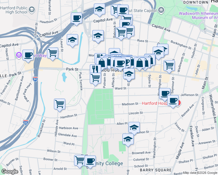 map of restaurants, bars, coffee shops, grocery stores, and more near 151 Ward Street in Hartford