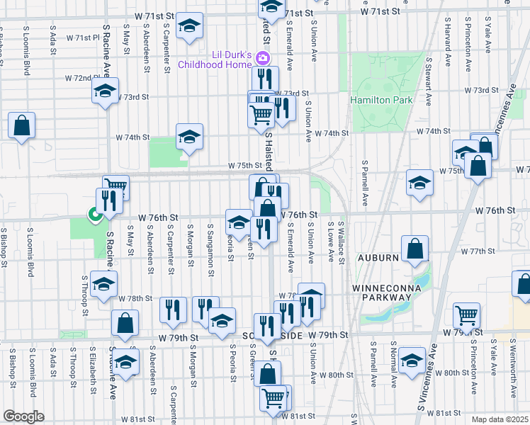 map of restaurants, bars, coffee shops, grocery stores, and more near 7621 South Green Street in Chicago