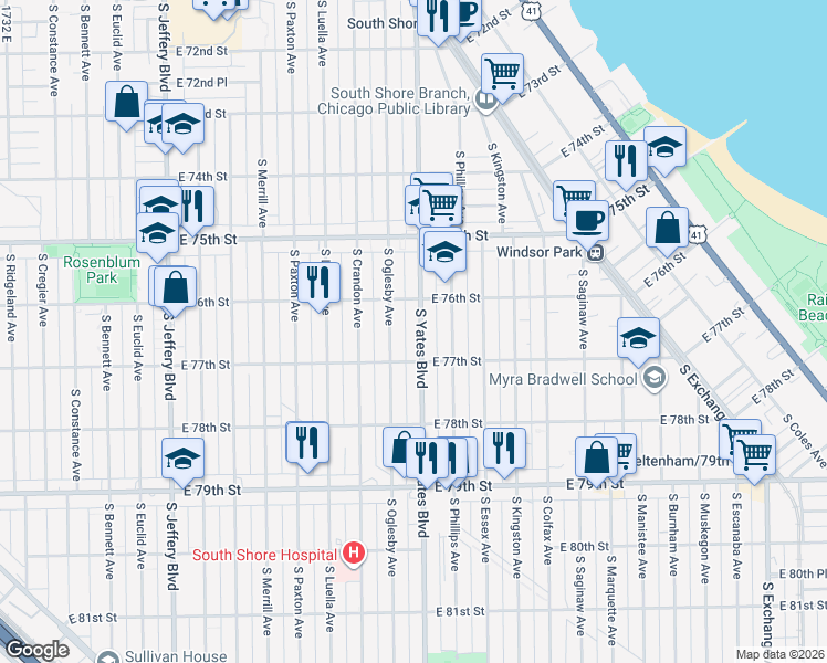 map of restaurants, bars, coffee shops, grocery stores, and more near 7628 South Yates Boulevard in Chicago
