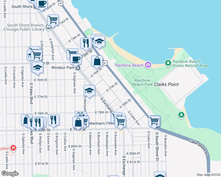 map of restaurants, bars, coffee shops, grocery stores, and more near E 77th St & S Coles Ave in Chicago