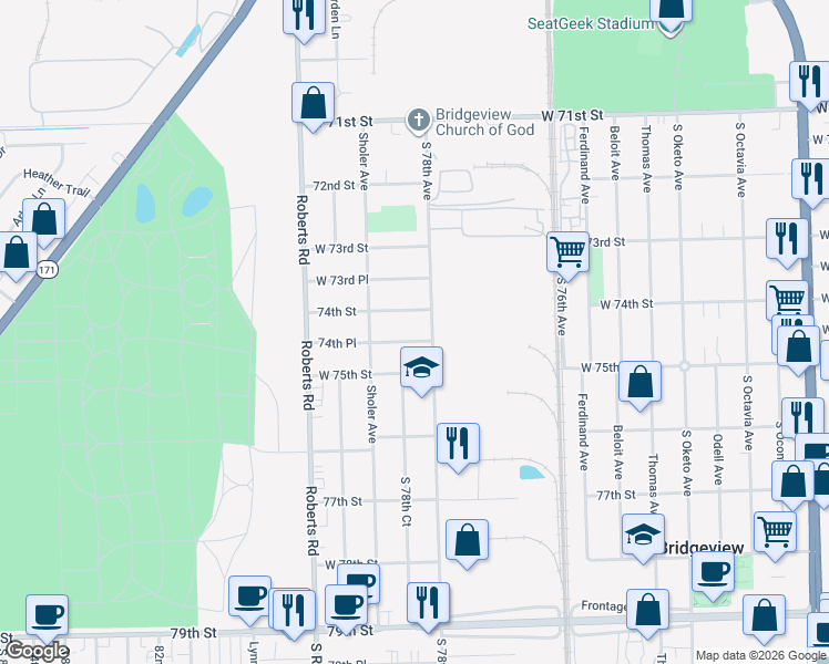 map of restaurants, bars, coffee shops, grocery stores, and more near 7830 74th Street in Bridgeview