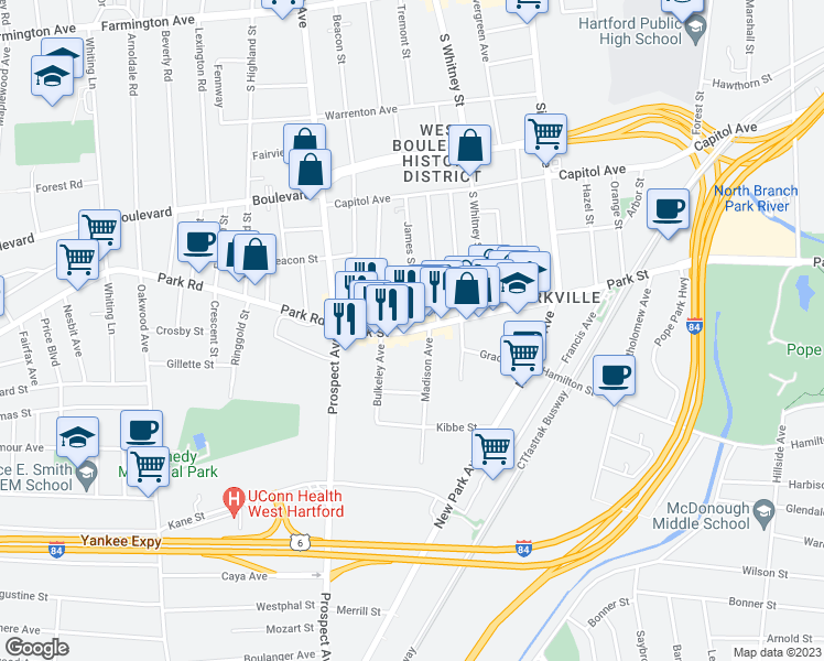 map of restaurants, bars, coffee shops, grocery stores, and more near 1965 Park Street in Hartford