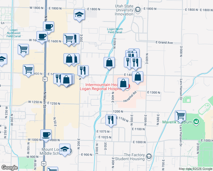 map of restaurants, bars, coffee shops, grocery stores, and more near 375 East 1370 North in Logan