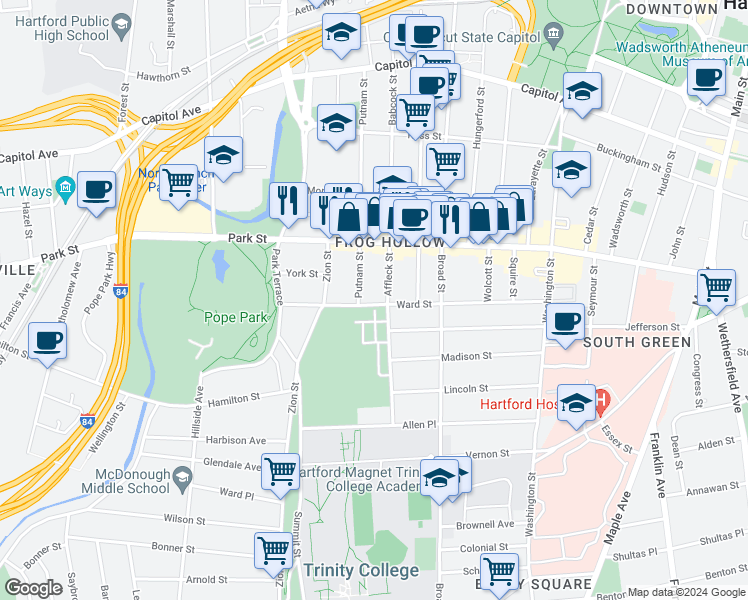 map of restaurants, bars, coffee shops, grocery stores, and more near 158 Ward Street in Hartford