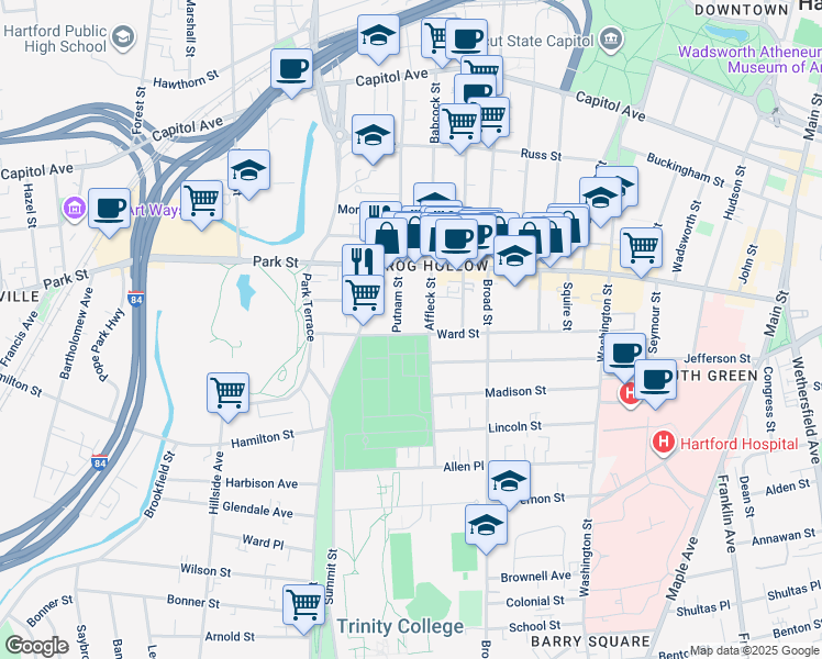map of restaurants, bars, coffee shops, grocery stores, and more near 164 Ward Street in Hartford