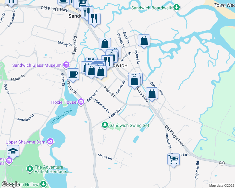map of restaurants, bars, coffee shops, grocery stores, and more near 4 Liberty Street in Sandwich