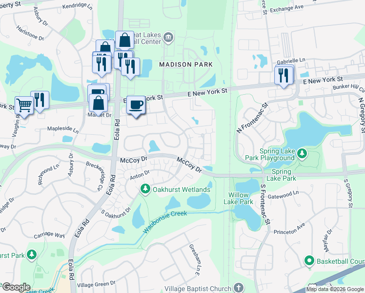 map of restaurants, bars, coffee shops, grocery stores, and more near 136 Hidden Pond Circle in Aurora