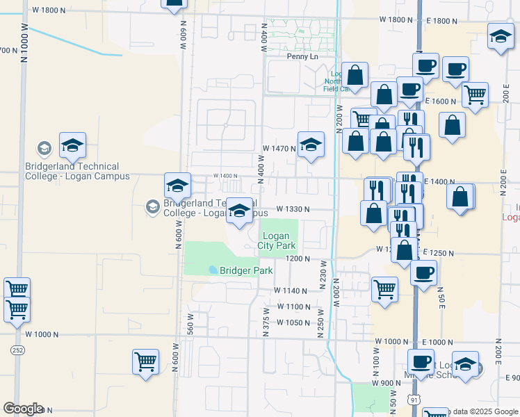 map of restaurants, bars, coffee shops, grocery stores, and more near 1261 North 400 West in North Logan