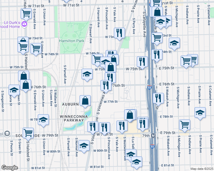 map of restaurants, bars, coffee shops, grocery stores, and more near South Vincennes Avenue & West 76th Street in Chicago