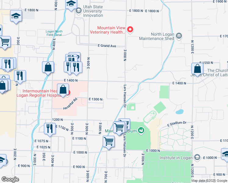 map of restaurants, bars, coffee shops, grocery stores, and more near 700 East 1400 North in Logan