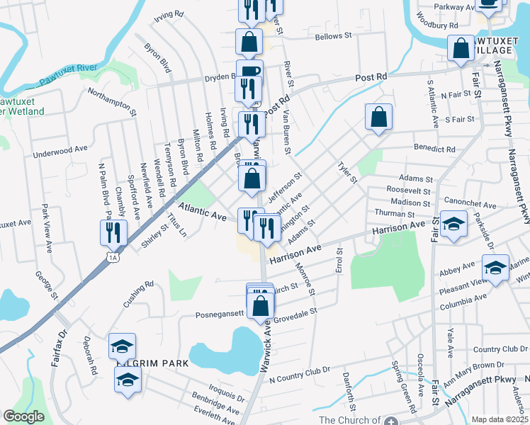 map of restaurants, bars, coffee shops, grocery stores, and more near 703 Warwick Avenue in Warwick