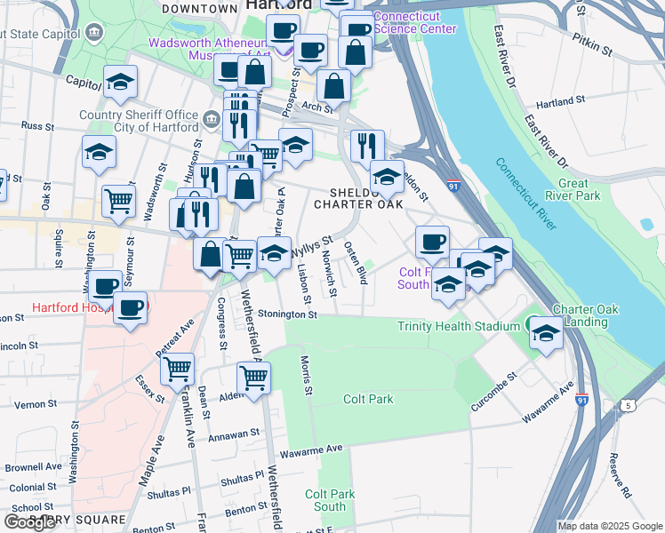 map of restaurants, bars, coffee shops, grocery stores, and more near 137 Wyllys Street in Hartford