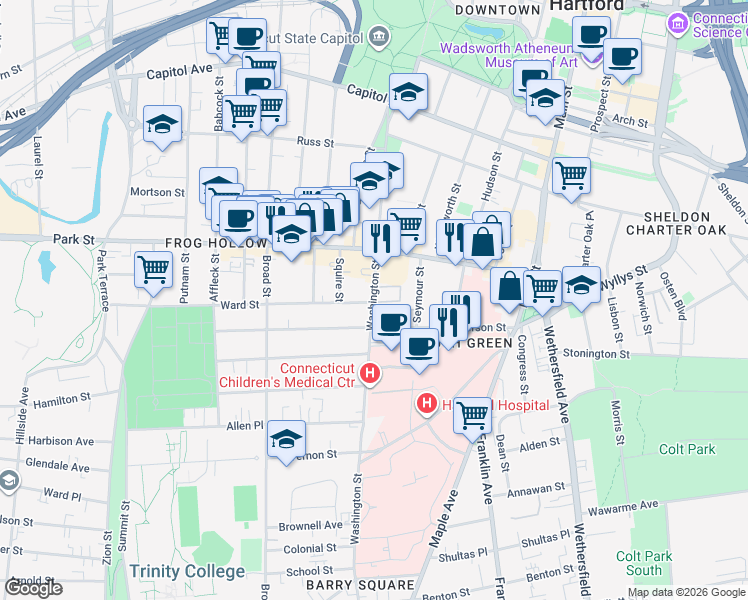map of restaurants, bars, coffee shops, grocery stores, and more near 182 Washington Street in Hartford