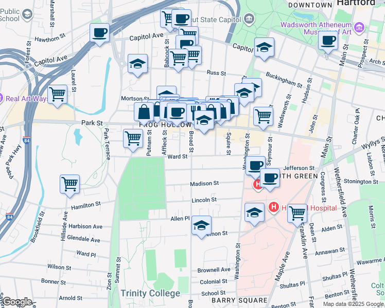 map of restaurants, bars, coffee shops, grocery stores, and more near 912 Broad Street in Hartford