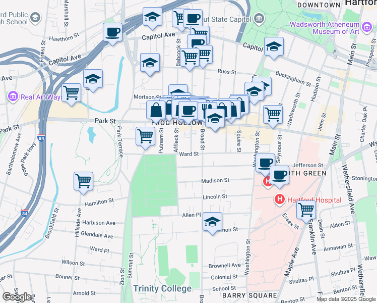 map of restaurants, bars, coffee shops, grocery stores, and more near 29 Lawrence Street in Hartford