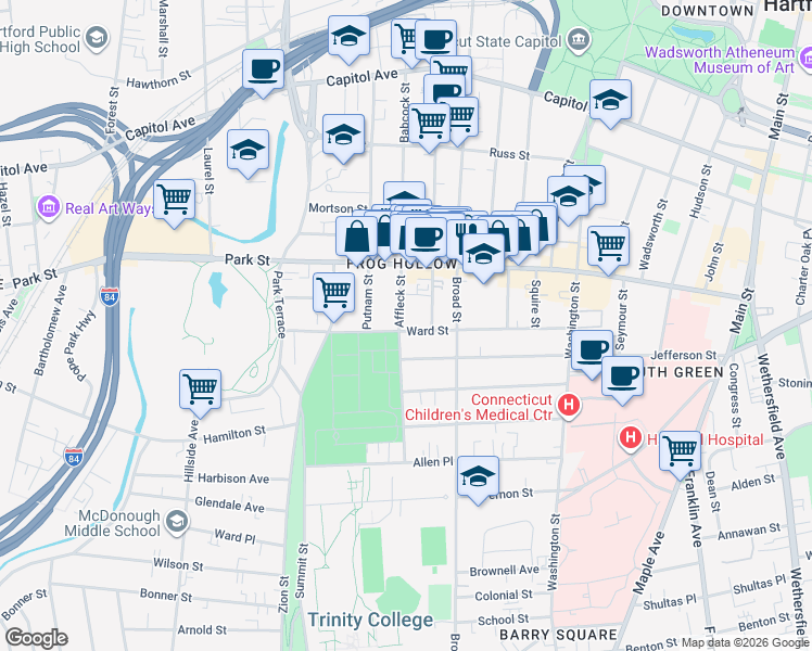 map of restaurants, bars, coffee shops, grocery stores, and more near 29 Lawrence Street in Hartford