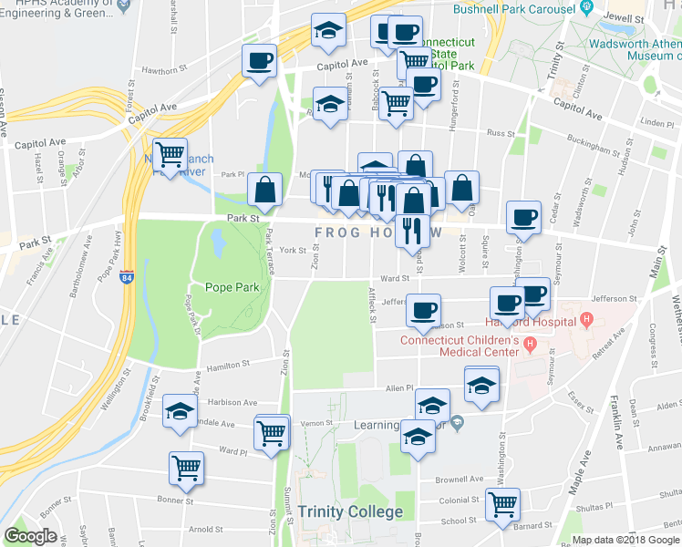 map of restaurants, bars, coffee shops, grocery stores, and more near 586-588 Zion Street in Hartford