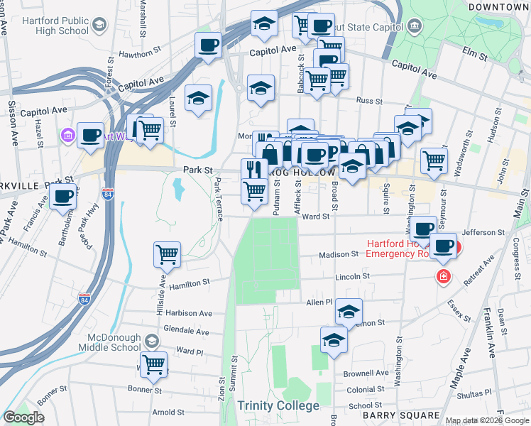 map of restaurants, bars, coffee shops, grocery stores, and more near 586-588 Zion Street in Hartford